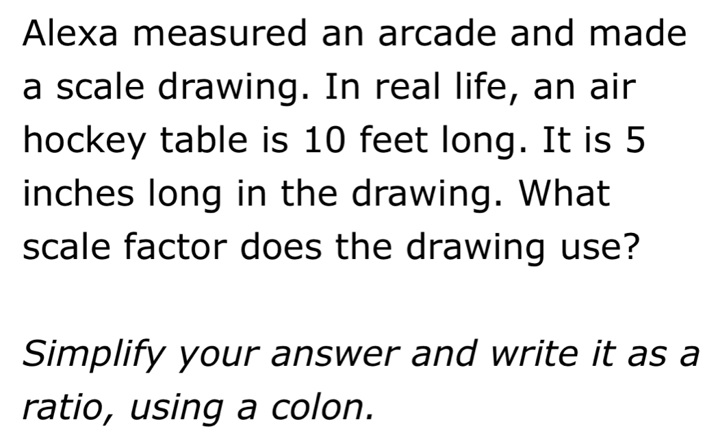 Alexa measured an arcade and made 
a scale drawing. In real life, an air 
hockey table is 10 feet long. It is 5
inches long in the drawing. What 
scale factor does the drawing use? 
Simplify your answer and write it as a 
ratio, using a colon.