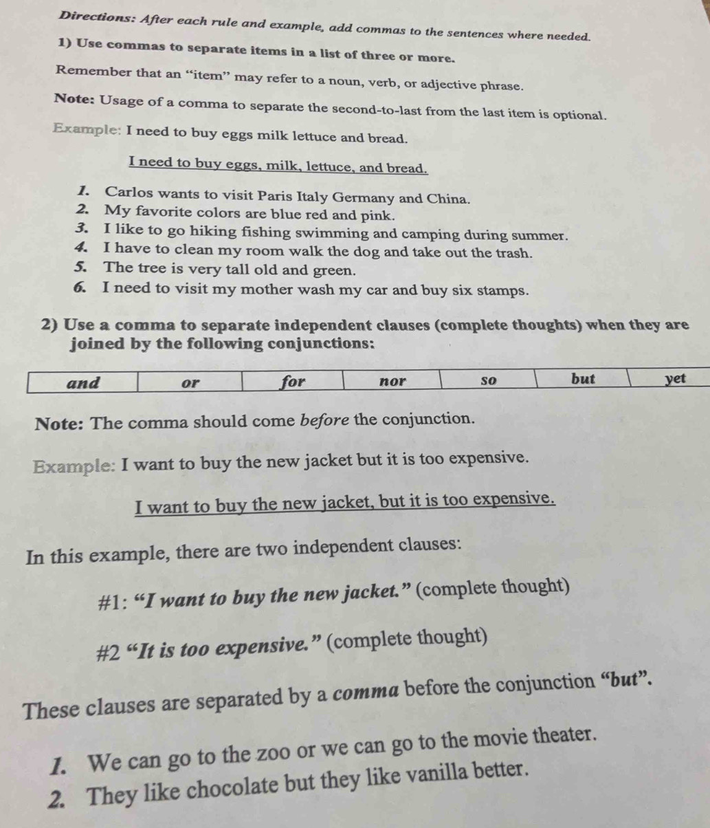 Solved: Directions: After each rule and example, add commas to the ...