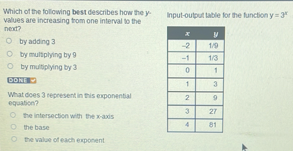 Which of the following best describes how the y - Input-output table for the function y=3^x
values are increasing from one interval to the
next?
by adding 3
by multiplying by 9
by multiplying by 3
DONE
What does 3 represent in this exponential 
equation?
the intersection with the x-axis
the base
the value of each exponent