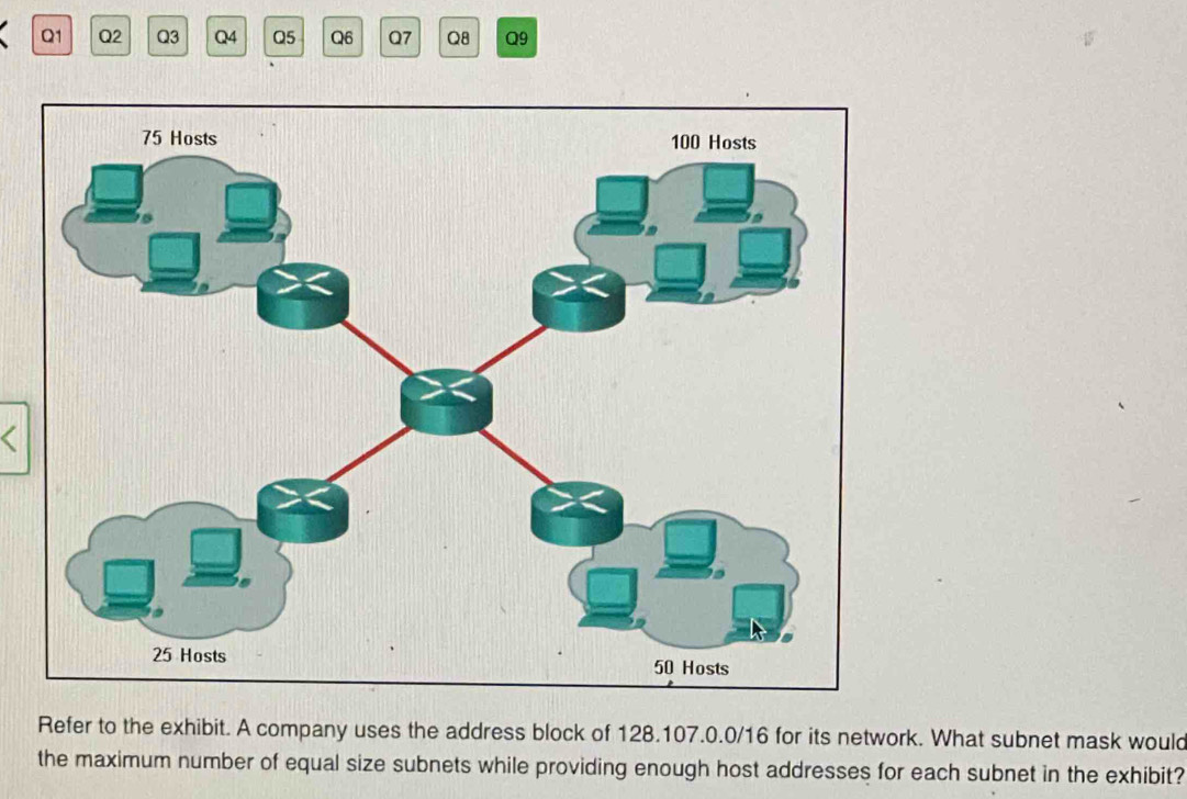 Refer to the exhibit. A company uses the address block of 128.107.0.0/16 for its network. What subnet mask would 
the maximum number of equal size subnets while providing enough host addresses for each subnet in the exhibit?