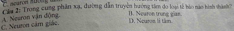 neuron hương tan
Câu 2: Trong cung phản xạ, đường dẫn truyền hướng tâm do loại tế bào nào hình thành?
A. Neuron vận động.
B. Neuron trung gian.
C. Neuron cảm giác.
D. Neuron li tâm.