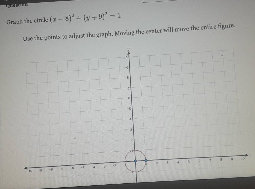 Question 
Graph the circle (x-8)^2+(y+9)^2=1
Use the points to adjust the graph. Moving the center will move the entire figure.
x