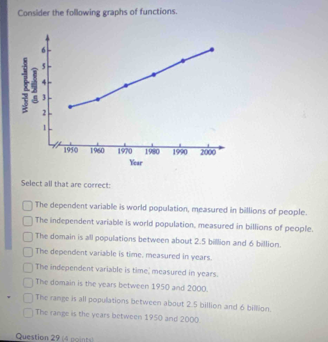 Consider the following graphs of functions.
Select all that are correct:
The dependent variable is world population, measured in billions of people.
The independent variable is world population, measured in billions of people.
The domain is all populations between about 2.5 billion and 6 billion.
The dependent variable is time, measured in years.
The independent variable is time, measured in years.
The domain is the years between 1950 and 2000.
The range is all populations between about 2.5 billion and 6 billion.
The range is the years between 1950 and 2000.
Question 29 (4 points)