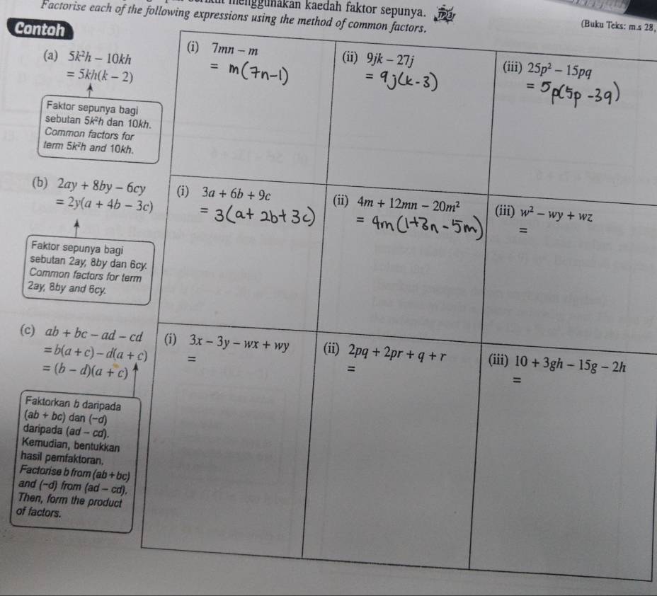 ut menggunákan kaedah faktor sepunya. (Buku Teks: m.s 28,
Factorise each of the following expressions using the method of common factors.
Contoh
2
(c
F
d
K
ha
Fa
an
Th
of