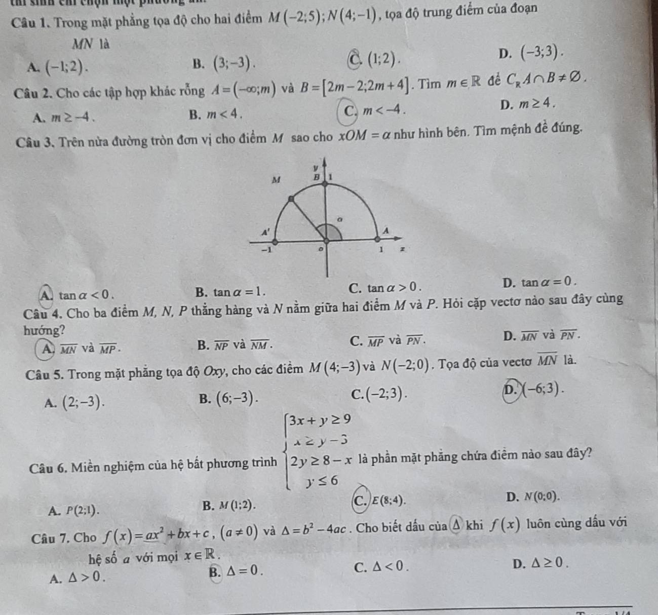 sih cm chợn mộc ph
Câu 1. Trong mặt phẳng tọa độ cho hai điểm M(-2;5);N(4;-1) , tọa độ trung điểm của đoạn
MN là
B.
A. (-1;2). (3;-3).
C (1;2).
D. (-3;3).
Câu 2. Cho các tập hợp khác rỗng A=(-∈fty ;m) và B=[2m-2;2m+4]. Tìm m∈ R để C_RA∩ B!= varnothing .
A. m≥ -4. B. m<4. C. m
D. m≥ 4.
Câu 3. Trên nửa đường tròn đơn vị cho điểm Mô sao cho xOM=alpha như hình bên. Tìm mệnh đề đúng.
A. tan alpha <0.
B. tan alpha =1.
C. tan alpha >0.
D. tan alpha =0.
Câu 4. Cho ba điểm M, N, P thẳng hàng và N nằm giữa hai điểm M và P. Hỏi cặp vectơ nào sau đây cùng
hướng?
D.
A overline MN và overline MP· overline NP và overline NM. overline MP và overline PN. overline MN và overline PN.
B.
C.
Câu 5. Trong mặt phẳng tọa độ Oxy, cho các điểm M(4;-3) và N(-2;0). Tọa độ của vectơ overline MN là.
B.
C.
A. (2;-3). (6;-3). (-2;3).
D. (-6;3).
Câu 6. Miền nghiệm của hệ bất phương trình beginarrayl 3x+y≥ 9 x≤ y-3 2y≥ 8-x y≤ 6endarray. là phần mặt phẳng chứa điểm nào sau đây?
C. E(8;4).
A. P(2;1).
B. M(1;2).
D. N(0;0).
Câu 7. Cho f(x)=ax^2+bx+c,(a!= 0) và △ =b^2-4ac. Cho biết dấu của Δ khi f(x) luôn cùng dấu với
hệ số a với mọi x∈ R.
A. △ >0.
B. △ =0. C. △ <0. D. △ ≥ 0.