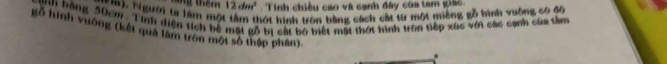 têm 12dm^2. Tinh chiều cao và cạnh đây của tam giảc. 
Na), Người ta lâm mộ hỞt hình tròn bằng cách cất từ một miêng gỗ hình vuỡng có độ 
Bnh bằng 50cm. Tinh diện tích bê mất gỗ bị cát bộ tiết mất thời hình tron tiếp xức với các cạnh của tên 
gỗ hình vuống (kết qua làm tròn một số thập phân) 
*