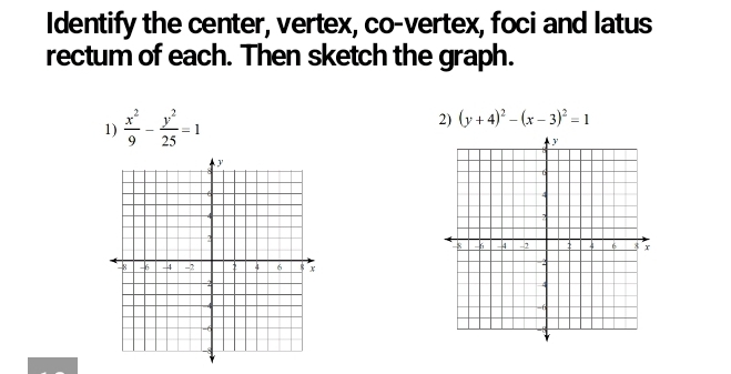 Identify the center, vertex, co-vertex, foci and latus
rectum of each. Then sketch the graph.
1)  x^2/9 - y^2/25 =1
2) (y+4)^2-(x-3)^2=1