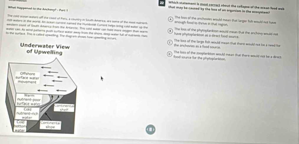 Which statement is most correct about the collapse of the ocean food web
that may be caused by the loss of an organism in the ecosystem?
What Iappened to the Anchovy? - Part 1 The loss of the anchovies would mean that larger fish would not have
The cold ocean waters off the coast of Peru, a country in South America, are some of the most nutrient enough food to thrive in that region.
rich waters in the world. An ocean current named the Humbold! Current helps bring cold water up the The loss of the phytoplankton would mean that the anchovy would not
western coast of South America from the Antarctic. This cold water can hold more oxygen than warm have phytoplankton as a direct food source.
water can. As wind patterns push surface water away from the shore, deep water full of nutrients rises
to the surface. This is called upwelling. The diagram shows how upwelling occurs. c the anchovies as a food source.
The loss of the large fish would mean that there would not be a need for
The loss of the zooplankton would mean that there would not be a direct
0
food source for the phytoplankton.
(0)