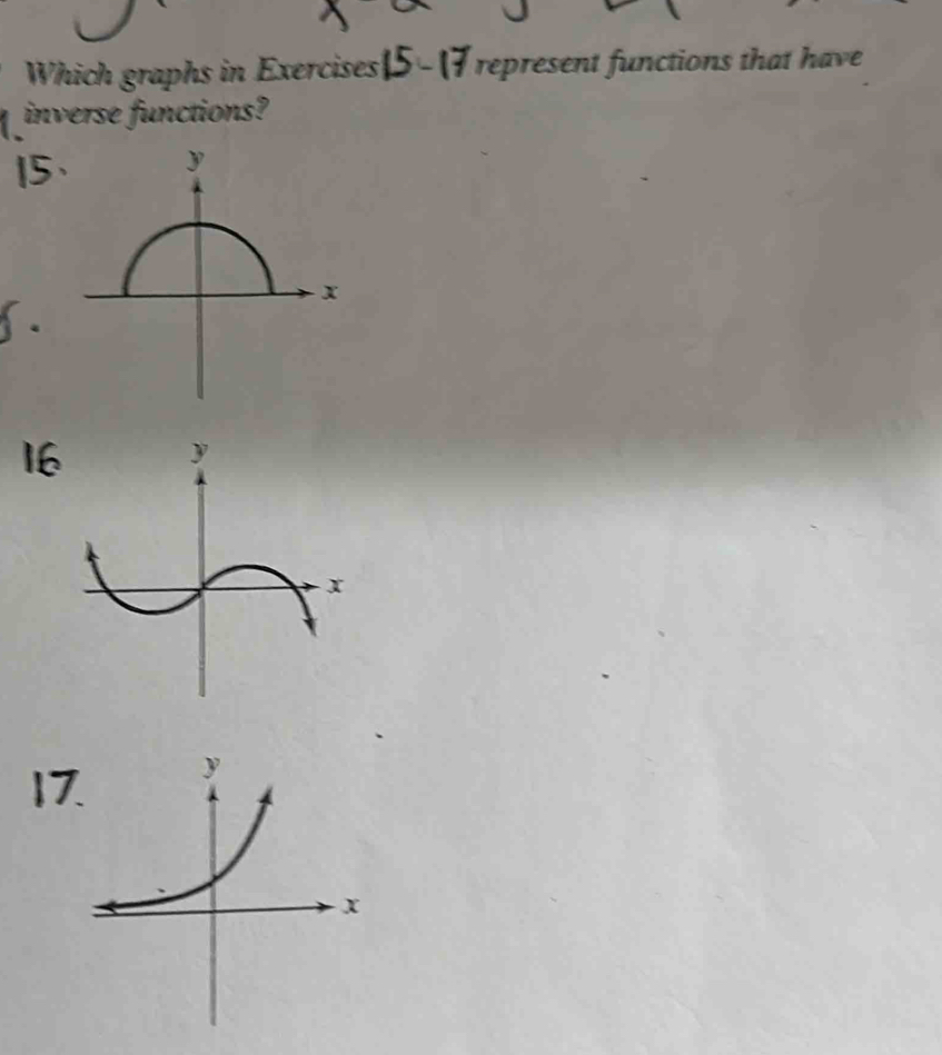 Which graphs in Exercises represent functions that have 
inverse functions? 
1