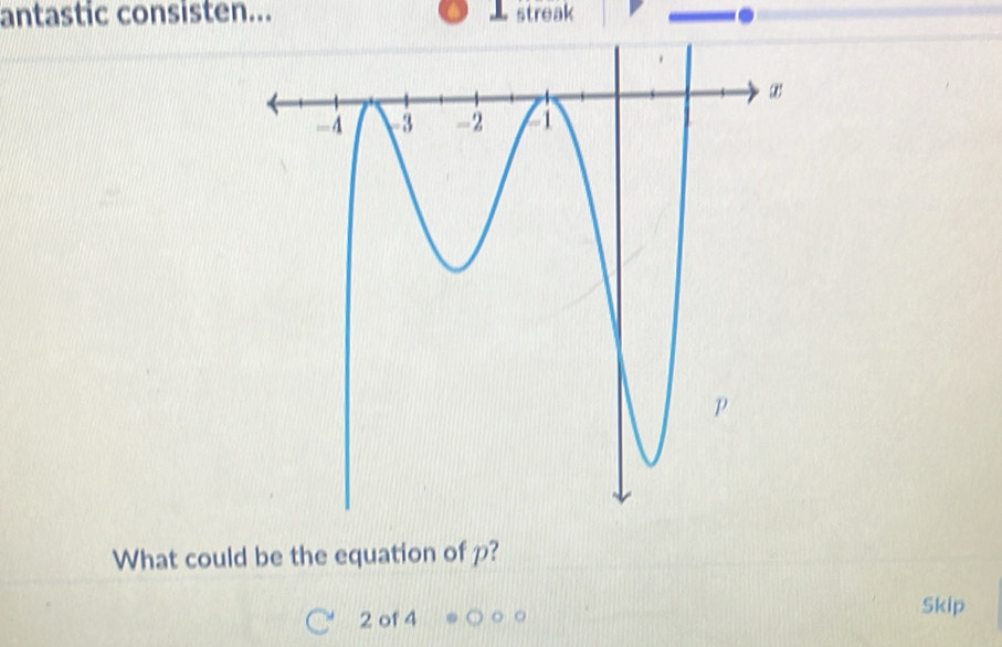 antastic consisten... A streak 
What could be the equation of p?
2 of 4 
Skip