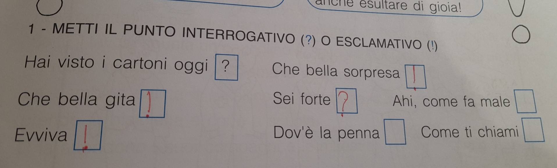 nche ésultare di gioia! 
1 - METTI IL PUNTO INTERROGATIVO (?) O ESCLAMATIVO (!) 
Hai visto i cartoni oggi ? Che bella sorpresa □ 
Che bella gita Sei forte Ahi, come fa male □ 
Evviva Dov'è la penna □ Come ti chiami □