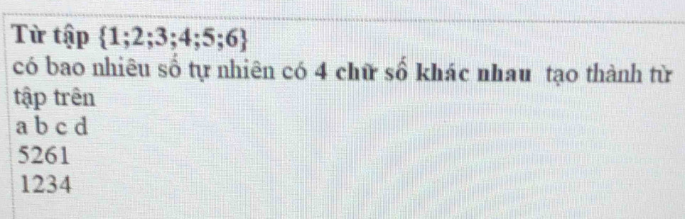 Từ tập  1;2;3;4;5;6
có bao nhiêu số tự nhiên có 4 chữ số khác nhau tạo thành từ
tập trên
a b c d
5261
1234
