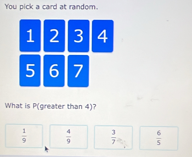 You pick a card at random.
1 2 3 4
5 6 7
What is P (greater than 4)?
 1/9 
 4/9 
 3/7 
 6/5 