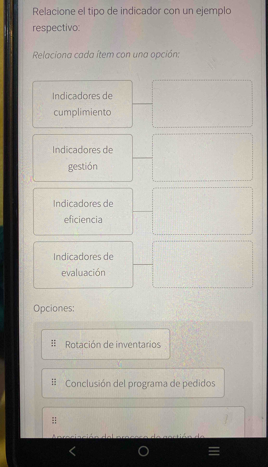 Relacione el tipo de indicador con un ejemplo 
respectivo: 
Relaciona cada ítem con una opción: 
Indicadores de 
cumplimiento 
Indicadores de 
gestión 
Indicadores de 
eficiencia 
Indicadores de 
evaluación 
Opciones: 
Rotación de inventarios 
Conclusión del programa de pedidos 
Anreciación