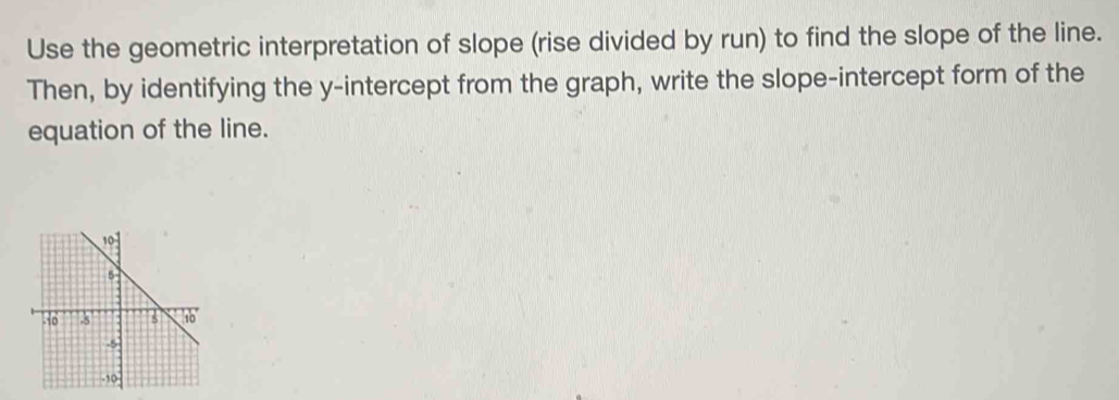 Use the geometric interpretation of slope (rise divided by run) to find the slope of the line. 
Then, by identifying the y-intercept from the graph, write the slope-intercept form of the 
equation of the line.