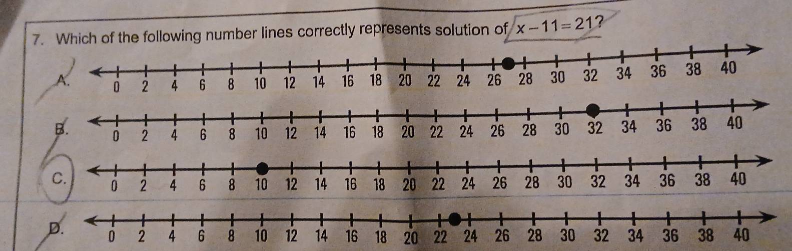 Which of the following number lines correctly represents solution of x-11=21 ?