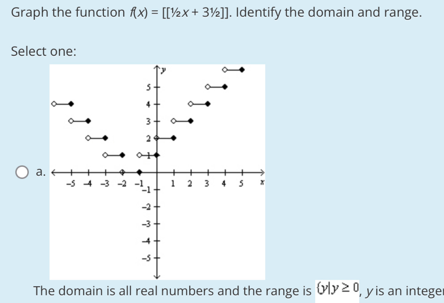 Graph the function f(x)=[[1/2x+31/2]]. Identify the domain and range.
Select one:
a
The domain is all real numbers and the range is  y|y≥ 0 , y is an intege