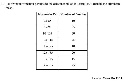 Following information pertains to the daily income of 150 families. Calculate the arithmetic 
mean. 
Answer: Mean 116.33 Tk