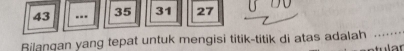 43 ... 35 31 27
Bilangan yang tepat untuk mengisi titik-titik di atas adalah_