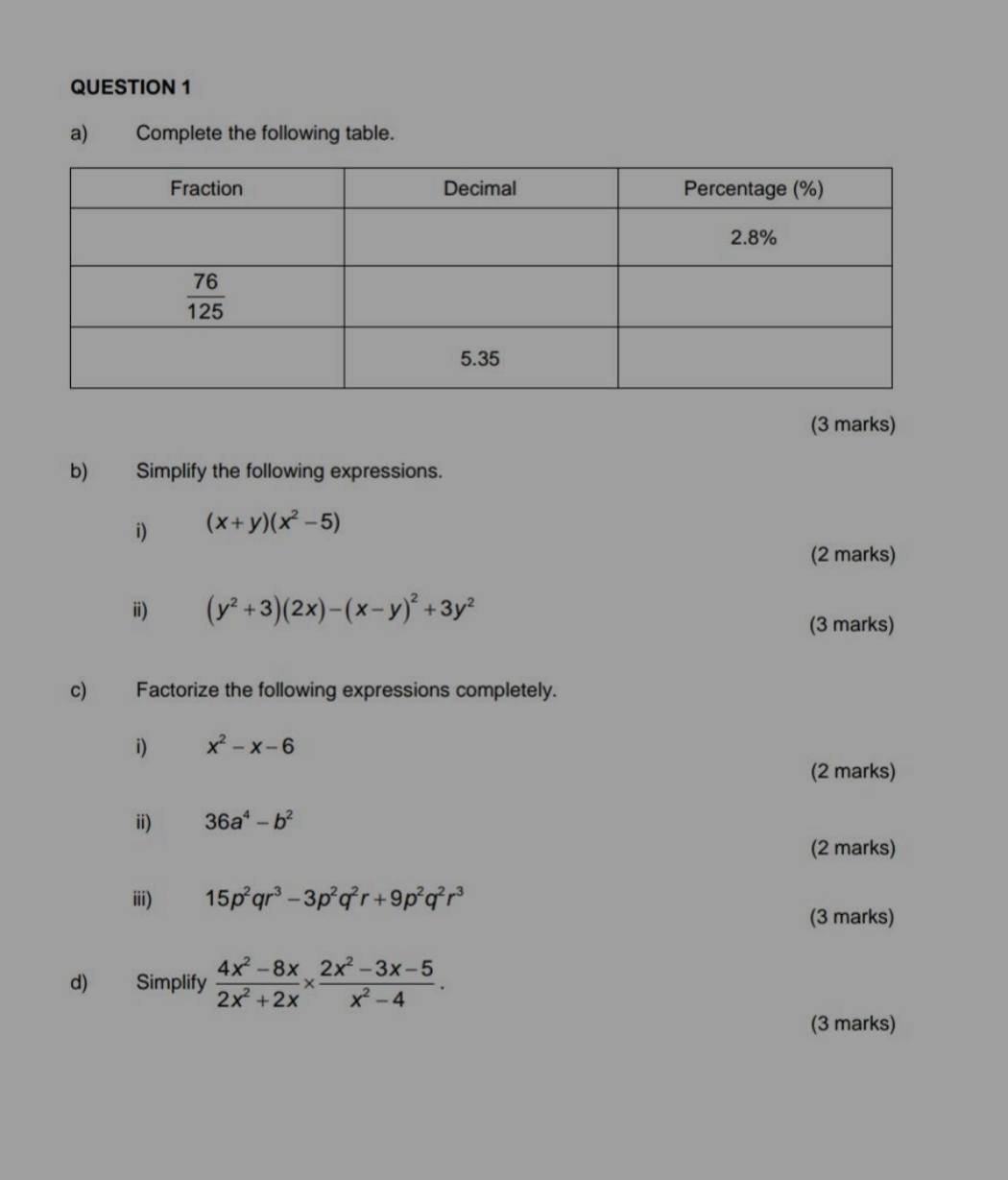 Complete the following table.
(3 marks)
b) Simplify the following expressions.
i) (x+y)(x^2-5)
(2 marks)
i) (y^2+3)(2x)-(x-y)^2+3y^2
(3 marks)
c) Factorize the following expressions completely.
i) x^2-x-6
(2 marks)
ii) 36a^4-b^2
(2 marks)
iii) 15p^2qr^3-3p^2q^2r+9p^2q^2r^3
(3 marks)
d) Simplify  (4x^2-8x)/2x^2+2x *  (2x^2-3x-5)/x^2-4 .
(3 marks)