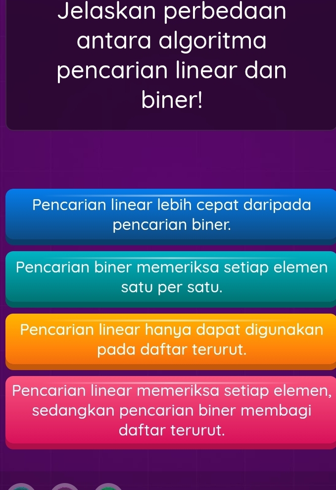 Jelaskan perbedaan
antara algoritma
pencarian linear dan
biner!
Pencarian linear lebih cepat daripada
pencarian biner.
Pencarian biner memeriksa setiap elemen
satu per satu.
Pencarian linear hanya dapat digunakan
pada daftar terurut.
Pencarian linear memeriksa setiap elemen,
sedangkan pencarian biner membagi
daftar terurut.