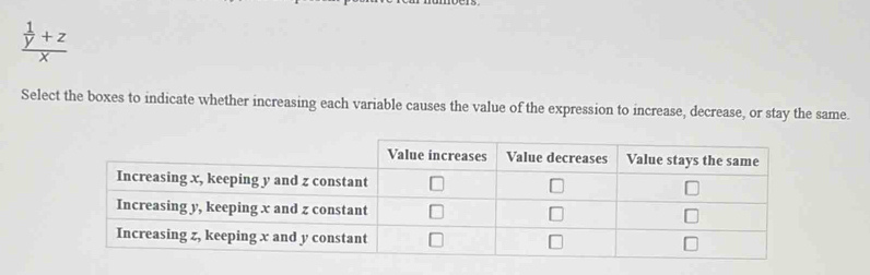 frac  1/y +zx
Select the boxes to indicate whether increasing each variable causes the value of the expression to increase, decrease, or stay the same.