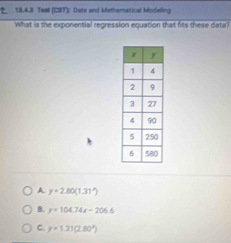 Test (CST): Data and Matheratical Modeling
What is the exponential regression equation that fits these data?
A y=2.80(1.31^x)
B. y=104.74x-206.6
C. y=1.31(2.80^x)