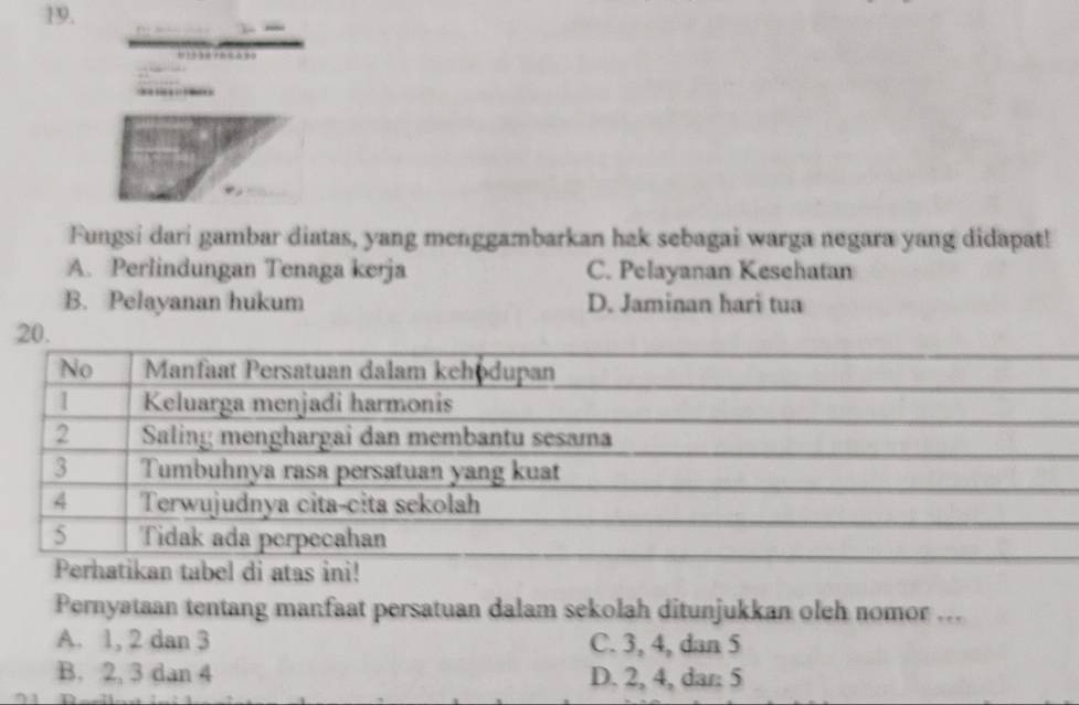 Fungsi dari gambar diatas, yang menggambarkan hak sebagai warga negara yang didapat!
A. Perlindungan Tenaga kerja C. Pelayanan Kesehatan
B. Pelayanan hukum D. Jaminan hari tua
bel di atas ini!
Pernyataan tentang manfaat persatuan dalam sekolah ditunjukkan oleh nomor ...
A. 1, 2 dan 3 C. 3, 4, dan 5
B. 2, 3 dan 4 D. 2, 4, dar: 5