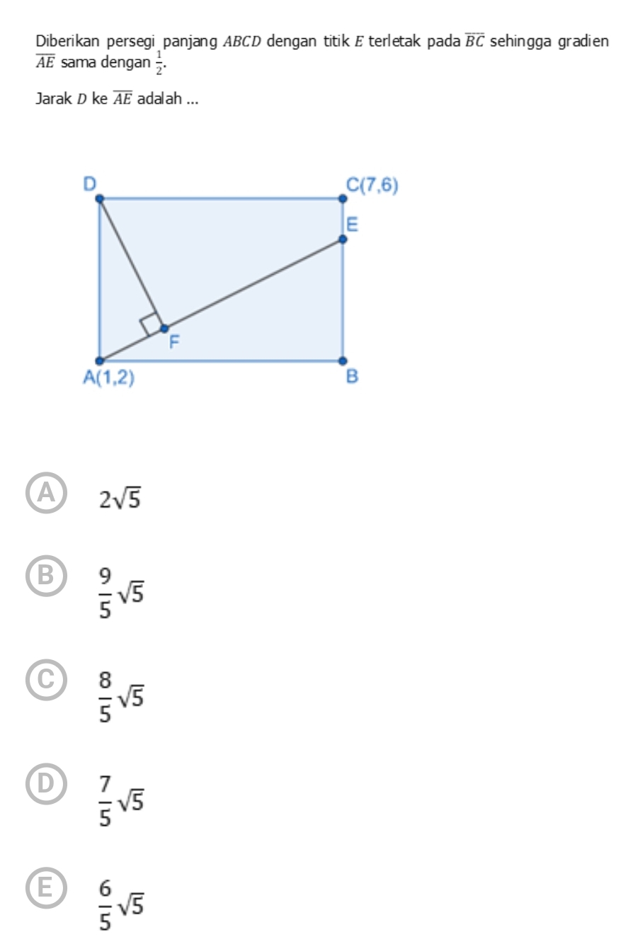 Diberikan persegi panjang ABCD dengan titik E terletak pada overline BC sehingga gradien
overline AE sama dengan  1/2 .
Jarak D ke overline AE adalah ...
A 2sqrt(5)
B  9/5 sqrt(5)
C  8/5 sqrt(5)
D  7/5 sqrt(5)
E  6/5 sqrt(5)