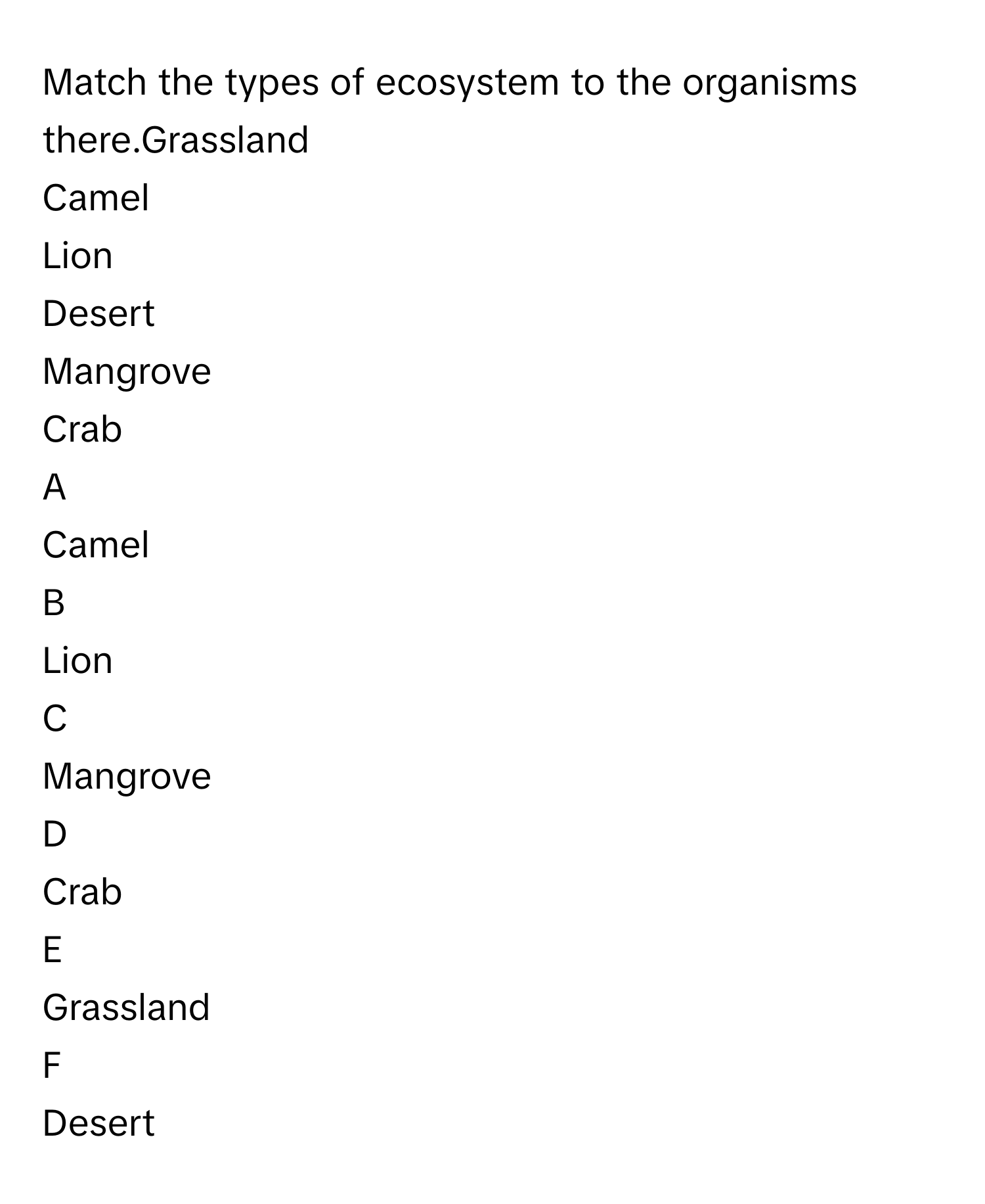 Match the types of ecosystem to the organisms there.Grassland
Camel
Lion
Desert
Mangrove
Crab

A  
Camel 


B  
Lion 


C  
Mangrove 


D  
Crab 


E  
Grassland 


F  
Desert