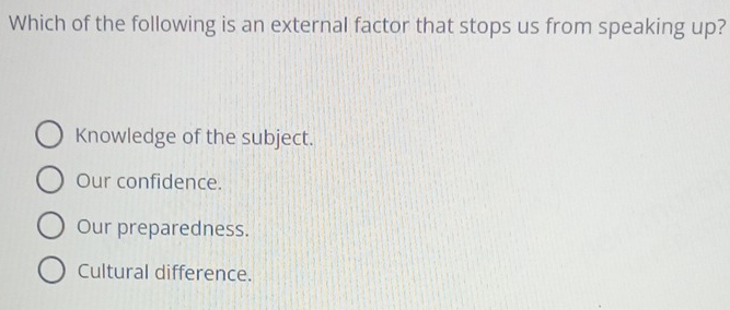 Which of the following is an external factor that stops us from speaking up?
Knowledge of the subject.
Our confidence.
Our preparedness.
Cultural difference.