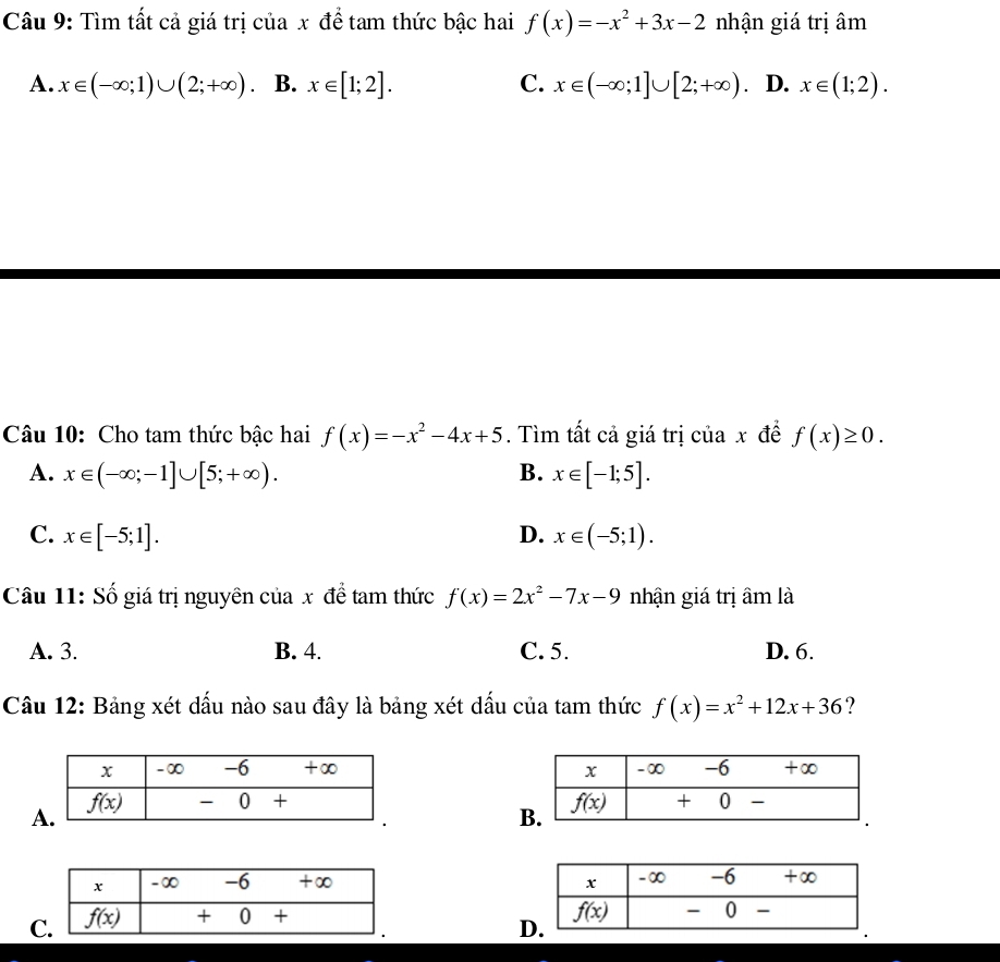 Tìm tất cả giá trị của x để tam thức bậc hai f(x)=-x^2+3x-2 nhận giá trị âm
A. x∈ (-∈fty ;1)∪ (2;+∈fty ) B. x∈ [1;2]. C. x∈ (-∈fty ;1]∪ [2;+∈fty ). D. x∈ (1;2).
Câu 10: Cho tam thức bậc hai f(x)=-x^2-4x+5. Tìm tất cả giá trị của x đề f(x)≥ 0.
A. x∈ (-∈fty ;-1]∪ [5;+∈fty ). B. x∈ [-1;5].
C. x∈ [-5;1]. D. x∈ (-5;1).
Câu 11: Số giá trị nguyên của x để tam thức f(x)=2x^2-7x-9 nhận giá trị âm là
A. 3. B. 4. C. 5. D. 6.
Câu 12: Bảng xét dấu nào sau đây là bảng xét dấu của tam thức f(x)=x^2+12x+36 ?
 
 
A
B

C
D