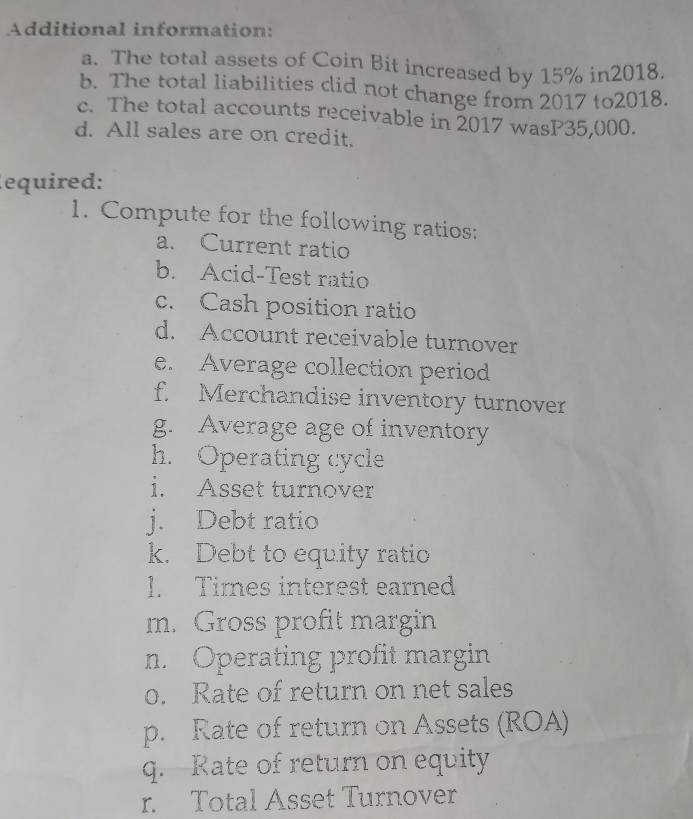 Additional information: 
a. The total assets of Coin Bit increased by 15% in2018. 
b. The total liabilities clid not change from 2017 to2018. 
c. The total accounts receivable in 2017 wasP35,000. 
d. All sales are on credit. 
lequired: 
1. Compute for the following ratios: 
a. Current ratio 
b. Acid-Test ratio 
c. Cash position ratio 
d. Account receivable turnover 
e. Average collection period 
f. Merchandise inventory turnover 
g. Average age of inventory 
h. Operating cycle 
i. Asset turnover 
j. Debt ratio 
k. Debt to equity ratio 
1. Times interest earned 
m. Gross profit margin 
n. Operating profit margin 
o. Rate of return on net sales 
p. Rate of return on Assets (ROA) 
q. Rate of return on equity 
r. Total Asset Turnover