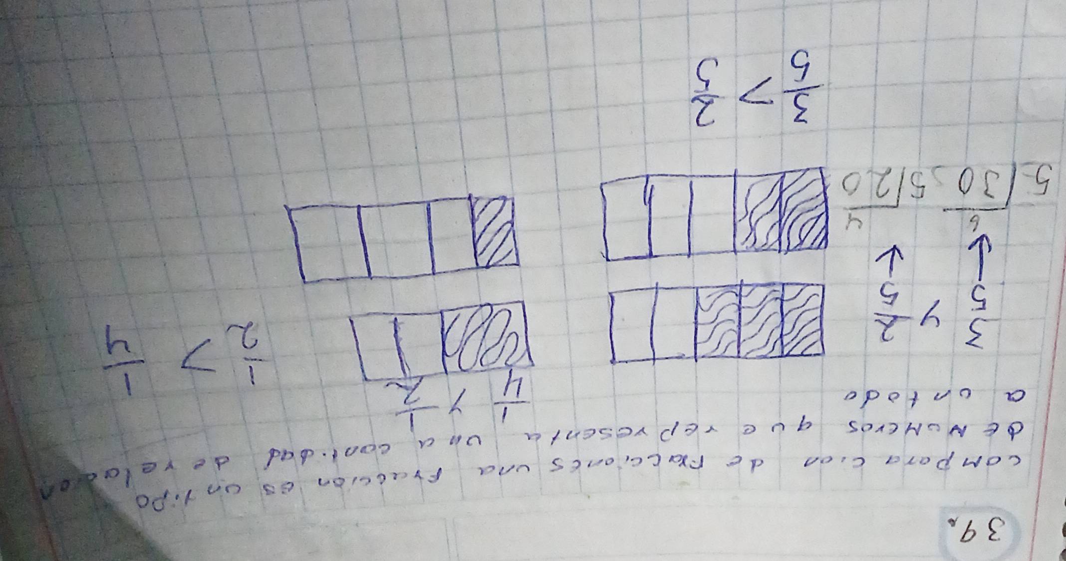 compora cion de raccioncs una fraccion is unliPo
dE NUMEroS qUC rEPresEnta Un a cootdad develooon
 1/4  y
a ontodo  1/2 
 3/5 y 2/5 
 1/2 > 1/4 
beginarrayr 6 5encloselongdiv 30endarray beginarrayr 4 5encloselongdiv 20endarray
 3/5 > 2/5 