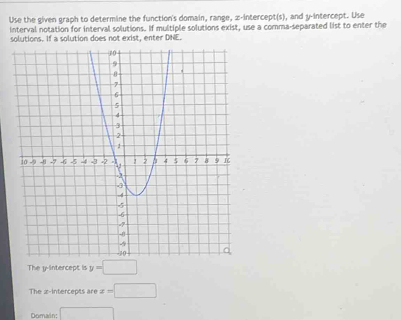 Use the given graph to determine the function's domain, range, z -intercept(s), and y-intercept. Use 
interval notation for interval solutions. If multiple solutions exist, use a comma-separated list to enter the 
solutions. If a solution does not exist, enter DNE. 
The y-intercept is y=□
The x-intercepts are x=□
Domain: □