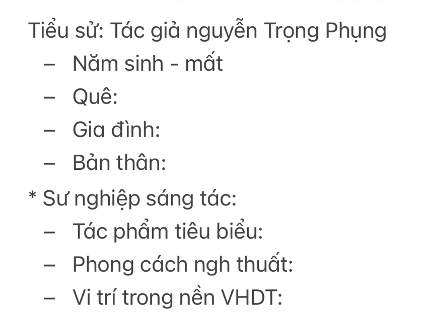 Tiểu sử: Tác giả nguyễn Trọng Phụng 
- Năm sinh - mất 
- Quê: 
- Gia đình: 
- Bản thân: 
* Sư nghiệp sáng tác: 
- Tác phẩm tiêu biểu: 
- Phong cách ngh thuất: 
- Vi trí trong nền VHDT: