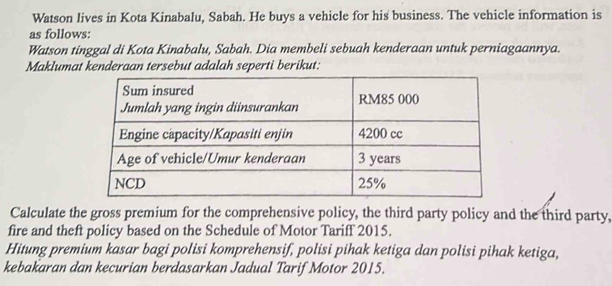 Watson lives in Kota Kinabalu, Sabah. He buys a vehicle for his business. The vehicle information is 
as follows: 
Watson tinggal di Kota Kinabalu, Sabah. Dia membeli sebuah kenderaan untuk perniagaannya. 
Maklumat kenderaan tersebut adalah seperti berikut: 
Calculate the gross premium for the comprehensive policy, the third party policy and the third party, 
fire and theft policy based on the Schedule of Motor Tariff 2015. 
Hitung premium kasar bagi polisi komprehensif, polisi pihak ketiga dan polisi pihak ketiga, 
kebakaran dan kecurian berdasarkan Jadual Tarif Motor 2015.