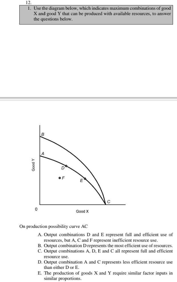 Use the diagram below, which indicates maximum combinations of good
X and good Y that can be produced with available resources, to answer
the questions below.
On production possibility curve AC
A. Output combinations D and E represent full and efficient use of
resources, but A, C and F represent inefficient resource use.
B. Output combination D represents the most efficient use of resources.
C. Output combinations A, D, E and C all represent full and efficient
resource use.
D. Output combination A and C represents less efficient resource use
than either D or E.
E. The production of goods X and Y require similar factor inputs in
similar proportions.