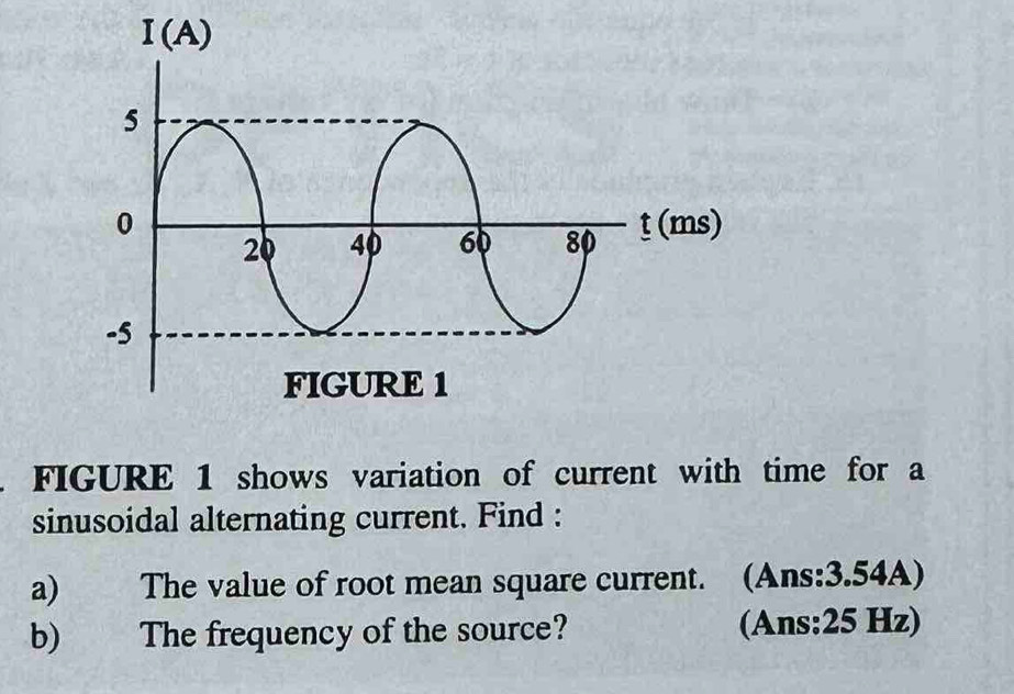 FIGURE 1 shows variation of current with time for a
sinusoidal alternating current. Find :
a) The value of root mean square current. (Ans:3.54A)
b) The frequency of the source? (Ans:25 Hz)