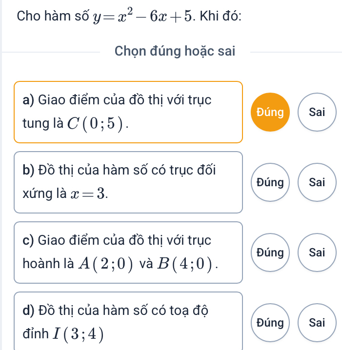 Cho hàm số y=x^2-6x+5. Khi đó: 
Chọn đúng hoặc sai 
a) Giao điểm của đồ thị với trục 
Đúng Sai 
tung là C(0;5). 
b) Đồ thị của hàm số có trục đối 
Đúng Sai 
xứng là x=3. 
c) Giao điểm của đồ thị với trục 
Đúng Sai 
hoành là A(2;0) và B(4;0). 
d) Đồ thị của hàm số có toạ độ 
Đúng Sai 
đỉnh I(3;4)