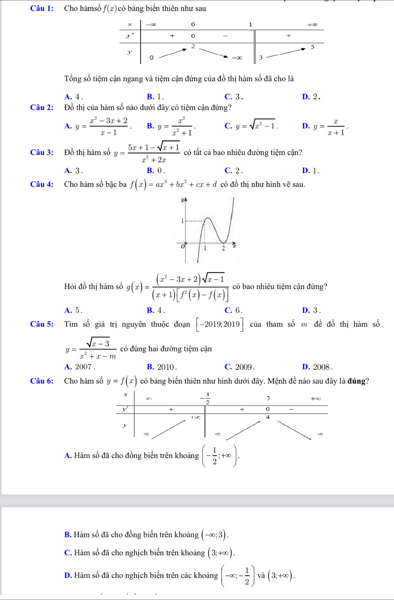 Cho hàmsố f(x) có bảng biến thiên như sau
Tổng số tiệm cận ngang và tiệm cận đứng của dhat o thị hàm số đã cho là
A. 4 . B. 1. C. 3 . D. 2 .
Câu 2: Đồ thị của hàm số nào dưới đây có tiệm cận đứng?
A. y= (x^2-3x+2)/x-1 . B. y= x^2/x^2+1 . C. y=sqrt(x^2-1). D. y= x/x+1 .
Câu 3: Đồ thị hàm số y= (5x+1-sqrt(x+1))/x^2+2x  có tất cả bao nhiêu đường tiệm cận?
A. 3 . B. () . C. 2 . D. 1 .
Câu 4: Cho hàm số bậc ba f(x)=ax^3+bx^2+cx+d có đồ thị như hình vẽ sau.
Hỏi đồ thị hàm số g(x)= ((x^2-3x+2)sqrt(x-1))/(x+1)[f^2(x)-f(x)]  có bao nhiêu tiệm cận đứng?
A. 5. B. 4 . C. 6 . D. 3 .
Câu 5: Tìm số giá trị nguyên thuộc đoạn [-2019;2019] của tham số m để đồ thị hàm số
y= (sqrt(x-3))/x^2+x-m  có đúng hai đường tiệm cận
A. 2007 . B. 2010 . C. 2009 . D. 2008 .
Câu 6: Cho hàm số y=f(x) có bảng biến thiên như hình dưới đây. Mệnh đề nào sau đây là đúng?
A. Hàm số đã cho đồng biến trên khoảng (- 1/2 ;+∈fty ).
B. Hàm số đã cho đồng biến trên khoảng (-∈fty ;3).
C. Hàm số đã cho nghịch biến trên khoảng (3;+∈fty ).
D. Hàm số đã cho nghịch biến trên các khoảng (-∈fty ;- 1/2 ) và (3;+∈fty ).