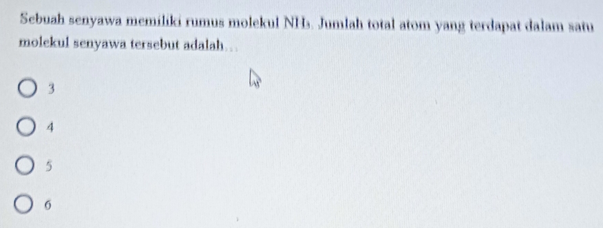 Sebuah senyawa memiliki rumus molekul NHs. Jumlah total atom yang terdapat dalam satu
molekul senyawa tersebut adalah ...
3
4
5
6