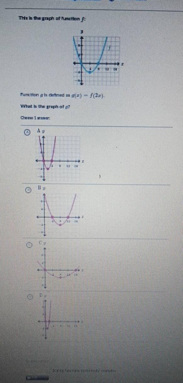 This is the graph of function f:
functiong is defined as g(x)=f(2x). 
What is the graph of g?
Came L sove

B φ
D