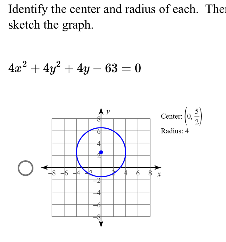 Identify the center and radius of each. Ther 
sketch the graph.
4x^2+4y^2+4y-63=0
enter: (0, 5/2 )
adius: 4