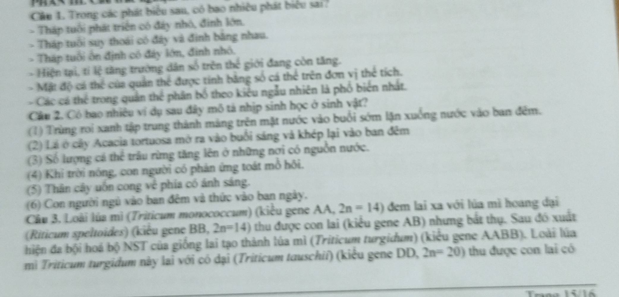 ， 
Cầu 1. Trong các phát biểu sau, có bao nhiều phát biểu sai ?
- Tháp tuổi phát triển có đây nhỏ, đinh lớn.
- Tháp tuổi suy thoái có đây và đinh bằng nhau.
- Tháp tuổi ổn định cô đây lớn, đinh nhỏ.
- Hiện tại, tí lệ tăng trường dân số trên thể giới đang còn tăng.
- Mặt độ cá thể của quản thể được tính bằng số cá thể trên đơn vị thể tích.
- Các cá thể trong quân thể phân bố theo kiểu ngẫu nhiên là phố biển nhất.
Câu 2. Có bao nhiêu ví dụ sau đây mô tả nhịp sinh học ở sinh vật?
(1) Trùng roi xanh tập trung thành máng trện mặt nước vào buổi sớm lận xuống nước vào ban đểm.
(2) Lá ở cây Acacia tortuosa mở ra vào buổi sáng và khép lại vào ban đêm
(3) Số lượng cá thể trâu rừng tăng lên ở những nơi có nguồn nước.
(4) Khi trời nóng, con người có phản ứng toát mỗ hội.
(5) Thân cây uốn cong về phía có ánh sáng.
(6) Con người ngủ vào ban đêm và thức vào ban ngày.
Cầu 3, Loài lúa mì (Triticum monococcum) (kiểu gene AA, 2n=14) đem lai xa với lúa mì hoang đại
(Riticum speltoides) (kiêu gene BB,2n=14) thu được con lai (kiểu gene AB) nhưng bắt thụ. Sau đó xuất
hiện đa bội hoá bộ NST của giống lai tạo thành lúa mì (Triticum turgidum) (kiểu gene AABB). Loài lúa
mì Triticum turgidum này lại với có dại (Triticum tauschii) (kiểu gene DD, 2n=20) thu được con lai có