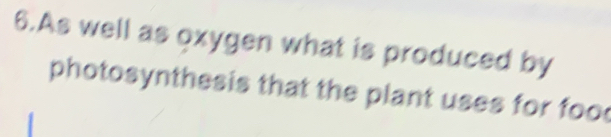 As well as oxygen what is produced by 
photosynthesis that the plant uses for foo