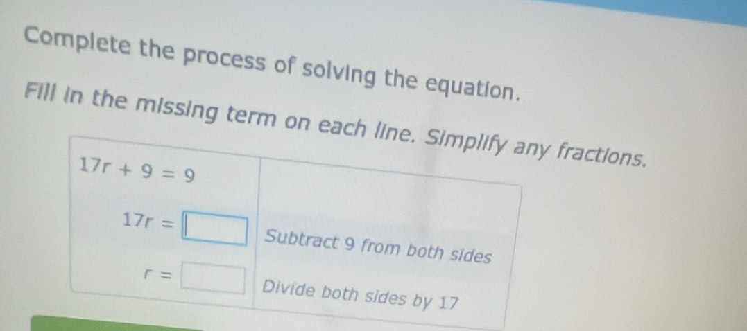 Complete the process of solving the equation.
Fill in the missing term on efractions.