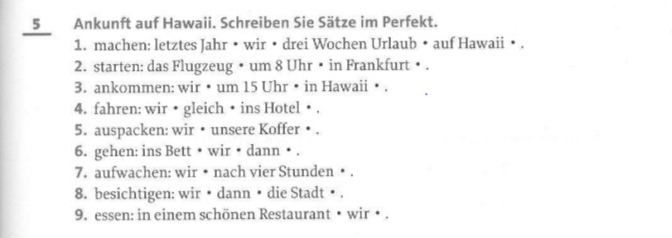 5Ankunft auf Hawaii. Schreiben Sie Sätze im Perfekt. 
1. machen: letztes Jahr • wir • drei Wochen Urlaub • auf Hawaii • . 
2. starten: das Flugzeug • um 8 Uhr • in Frankfurt • . 
3. ankommen: wir • um 15 Uhr • in Hawaii • . 
4. fahren: wir • gleich • ins Hotel • . 
5. auspacken: wir • unsere Koffer • . 
6. gehen: ins Bett • wir • dann • . 
7. aufwachen: wir • nach vier Stunden • . 
8. besichtigen: wir • dann • die Stadt • . 
9. essen: in einem schönen Restaurant • wir • .