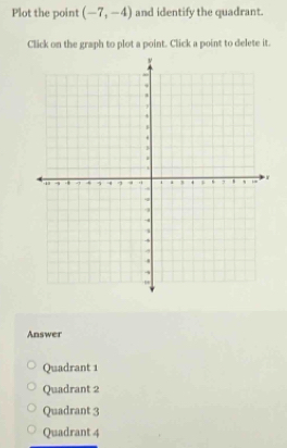 Plot the point (-7,-4) and identify the quadrant.
Click on the graph to plot a point. Click a point to delete it.
Answer
Quadrant 1
Quadrant 2
Quadrant 3
Quadrant 4