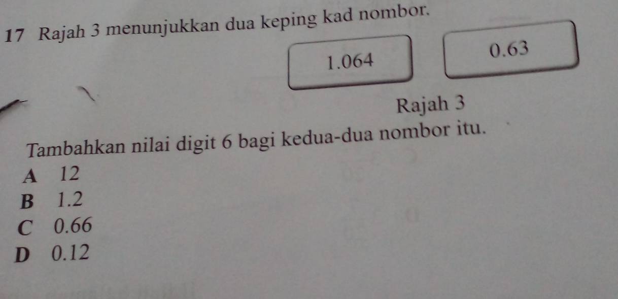 Rajah 3 menunjukkan dua keping kad nombor.
1.064 0.63
Rajah 3
Tambahkan nilai digit 6 bagi kedua-dua nombor itu.
A 12
B 1.2
C 0.66
D 0.12